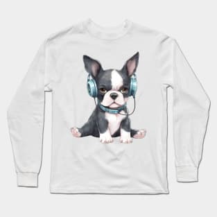 Watercolor Boston Terrier Dog with Headphones Long Sleeve T-Shirt